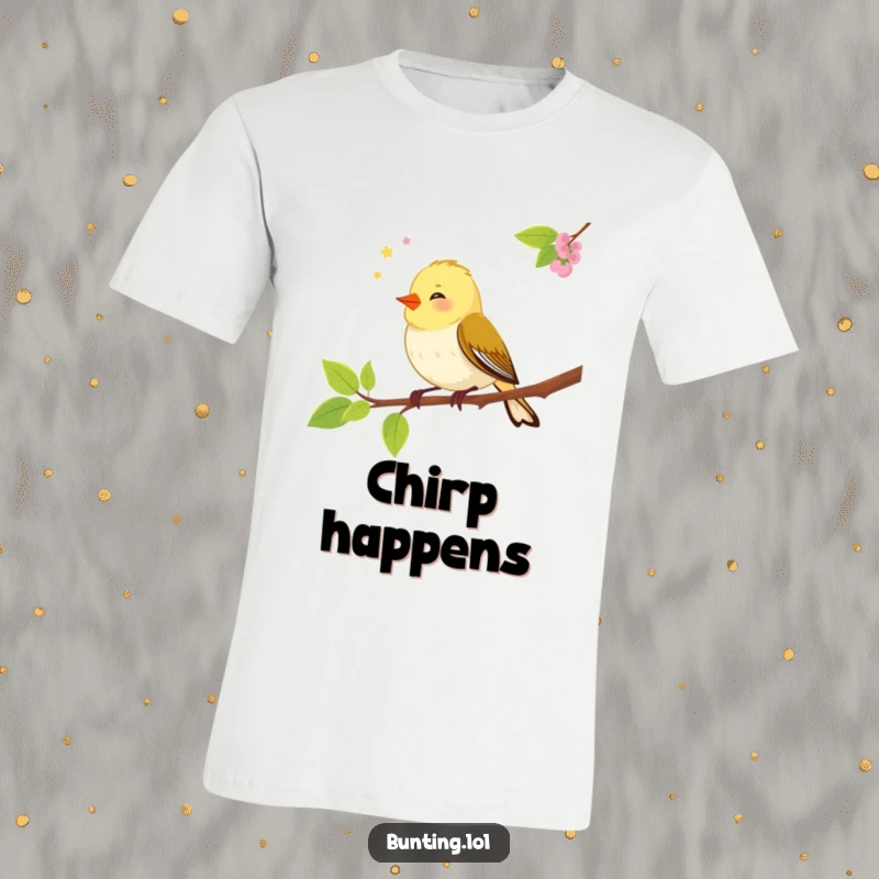Funny bunting bird t-shirt featuring a merrily chirping songbird perched on a branch, radiating happiness and musical joy.