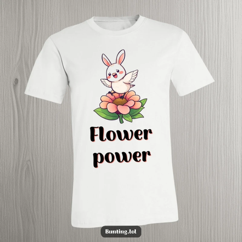 Funny T-Shirt featuring a cute bunting character energetically hopping on a colorful flower, celebrating movement and nature.