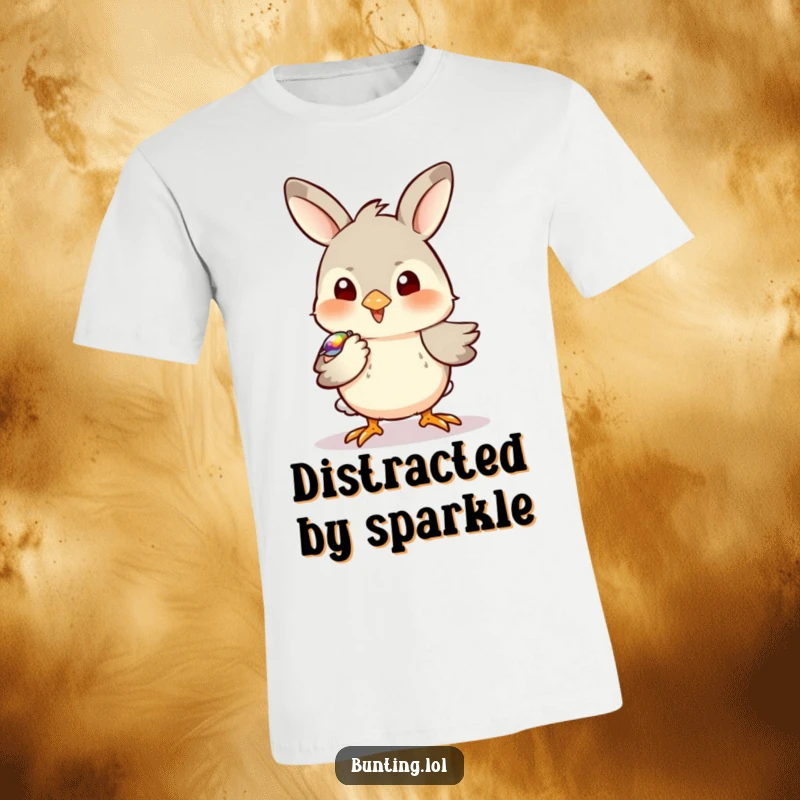 Funny Bunting T-Shirt depicting a bird playfully pecking at a shiny object, highlighting its inquisitive nature.