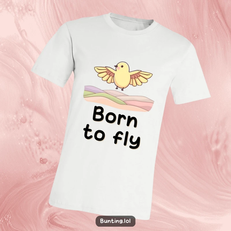 Funny T-Shirt depicting a bunting bird shape with wings spread wide, humorously soaring above picturesque rolling hills, evoking a sense of liberty.