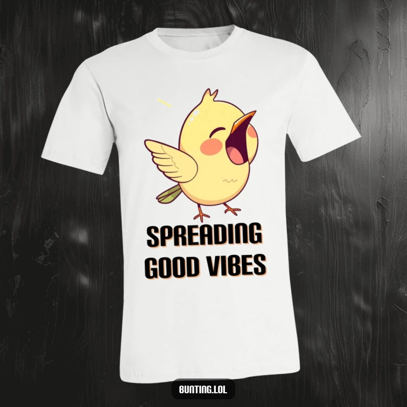 Funny bunting t-shirt, showing a cheerful bird enthusiastically chirping with its beak open wide.