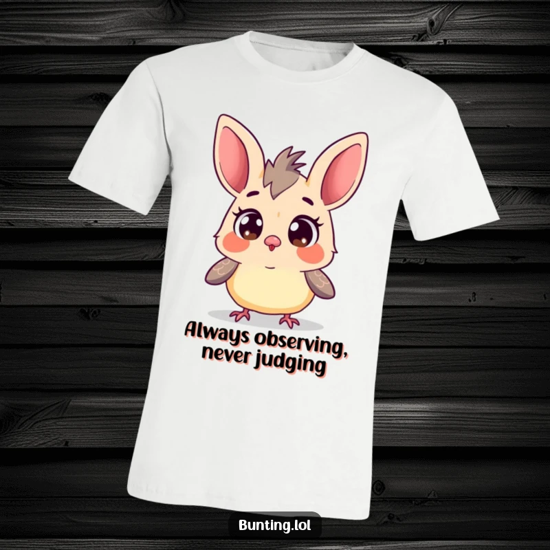 Funny Curious Bunting T-Shirt: Adorable bunting bird with wide eyes, exploring its surroundings with funny wonder.