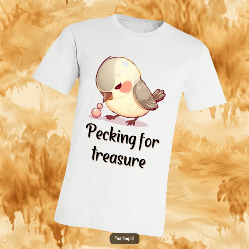 Funny t-shirt depicting a curious bird relentlessly pecking at a small, sparkling bead, embodying a humorous pursuit.