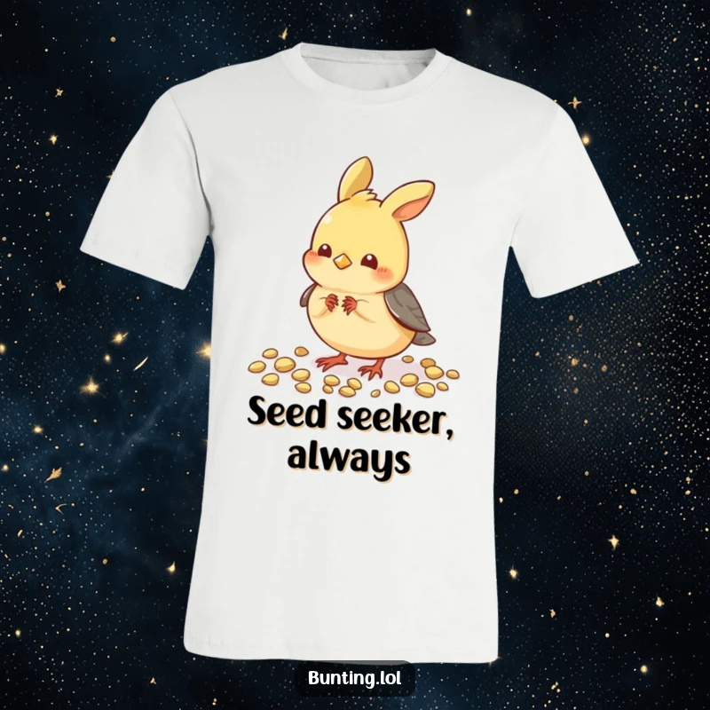 Funny Pecking Bunting T-Shirt: Adorable bird focused on pecking seeds, bringing a funny, charming vibe.