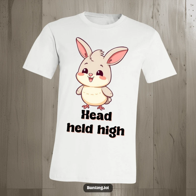 Funny T-Shirt featuring a cute bunting character doing a proud and happy head bob, radiating confidence.