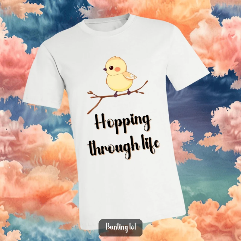 Funny Bunting T-Shirt depicting a bird energetically hopping on a thin twig, great for casual wear.