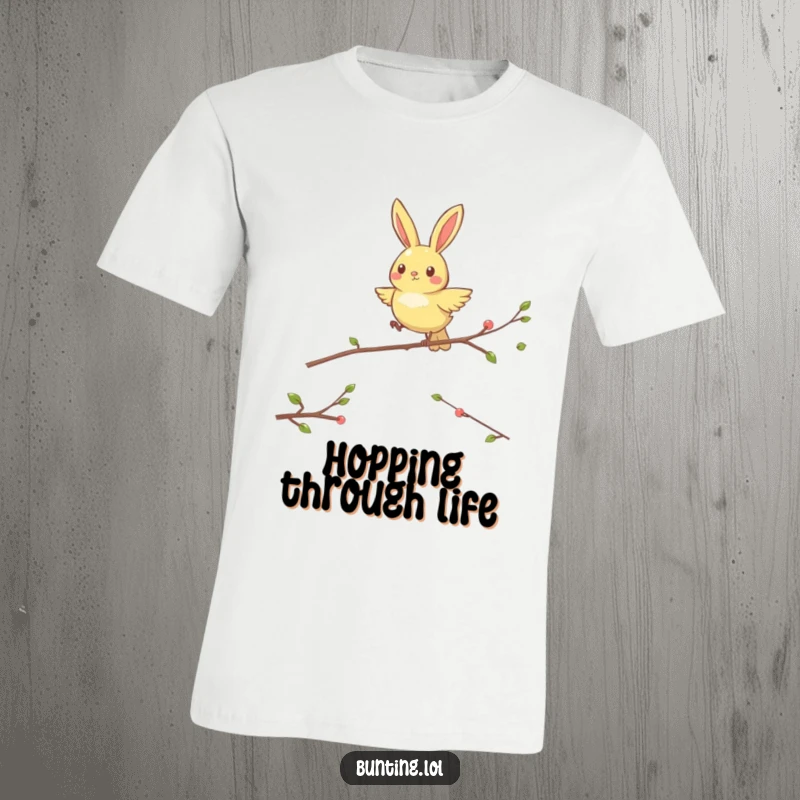 Funny Hopping Bunting T-Shirt: A cute bunting bird is happily jumping between perches, full of funny energy.