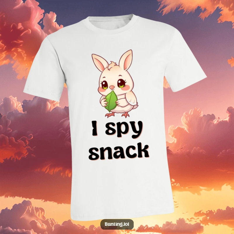 Funny bunting bird t-shirt featuring a bunting with bright, focused eyes keenly observing a seed, highlighting its attention.