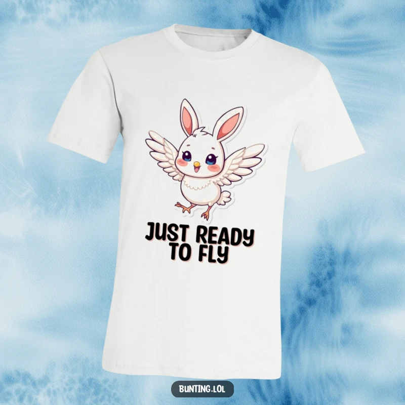 Funny T-Shirt illustrating a cute bunting bird in a dynamic pose with slightly extended wings, full of potential energy.