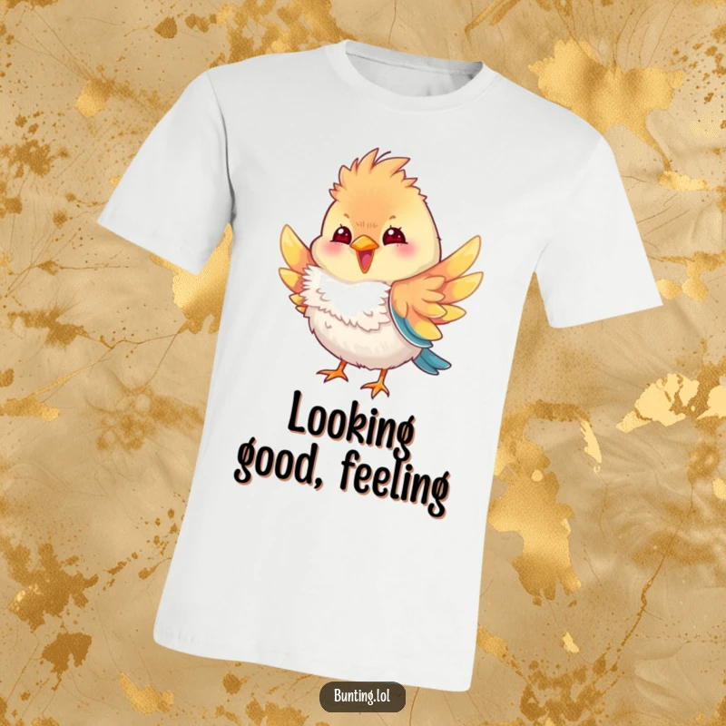 Funny bunting bird t-shirt showing a bunting character playfully fluffing its colorful feathers, conveying a sense of stylish vanity and humorous self-admiration.