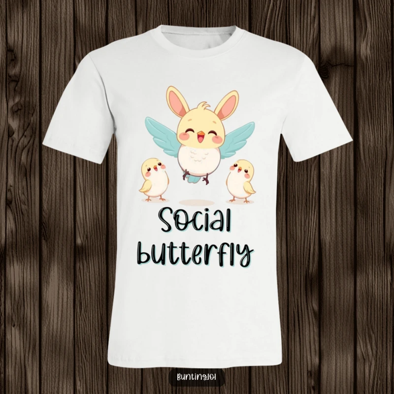 Funny bunting bird joyfully flying mid-air, heading towards a friendly gathering, printed on a soft t-shirt.