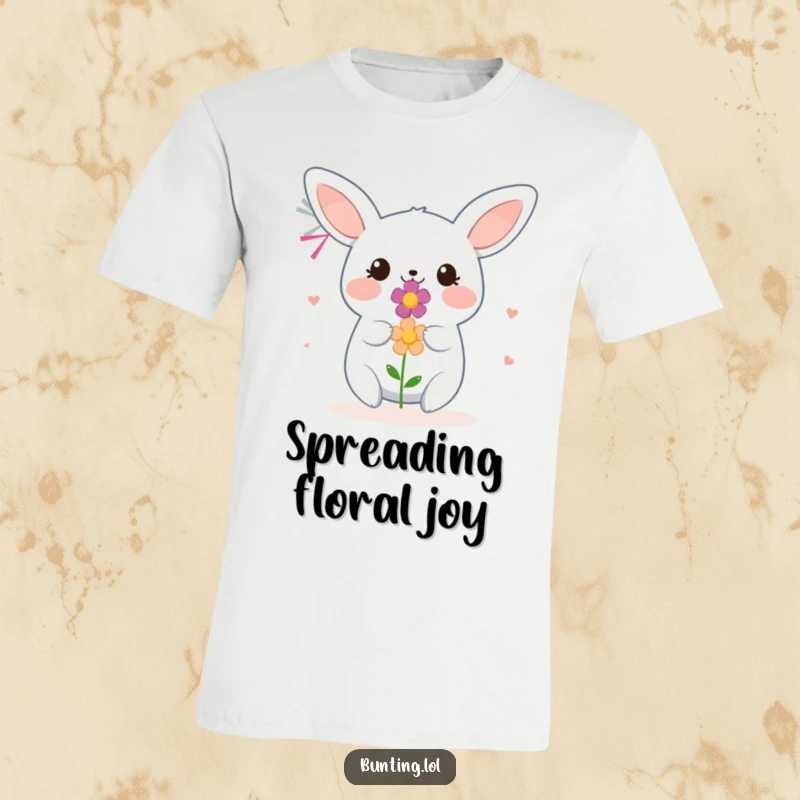 Funny Bunting T-Shirt showing a happy bird offering a small, colorful flower, symbolizing kindness and joy.