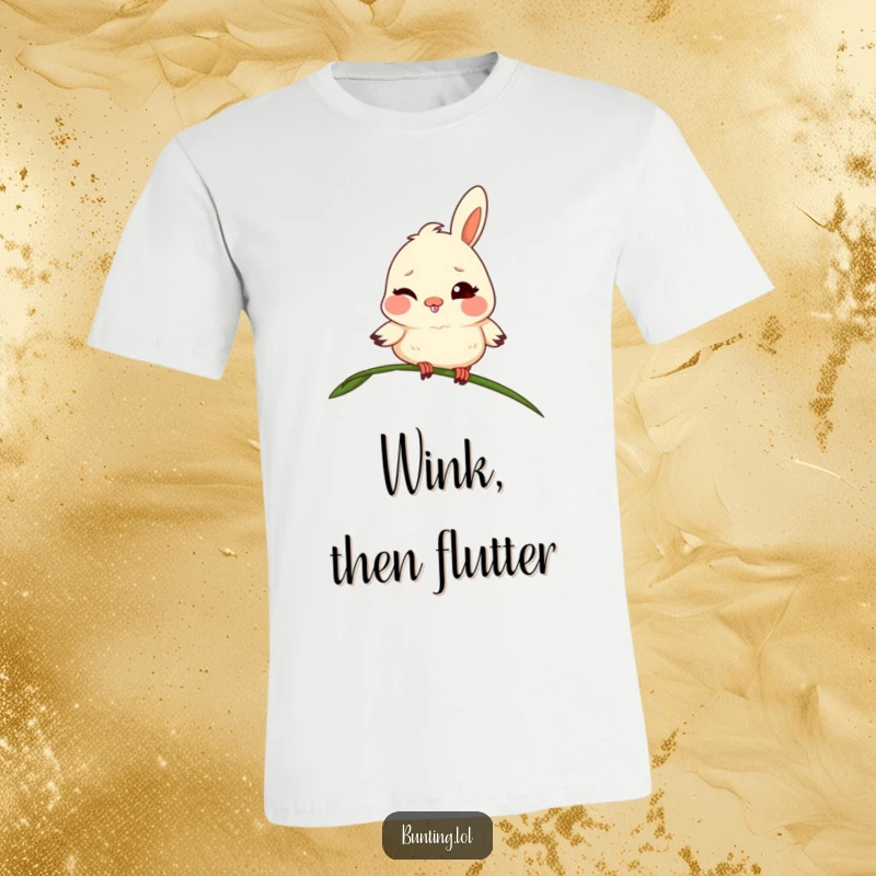 Funny bunting t-shirt showing a mischievous bird winking from a swaying grass blade, perfect for playful personalities.