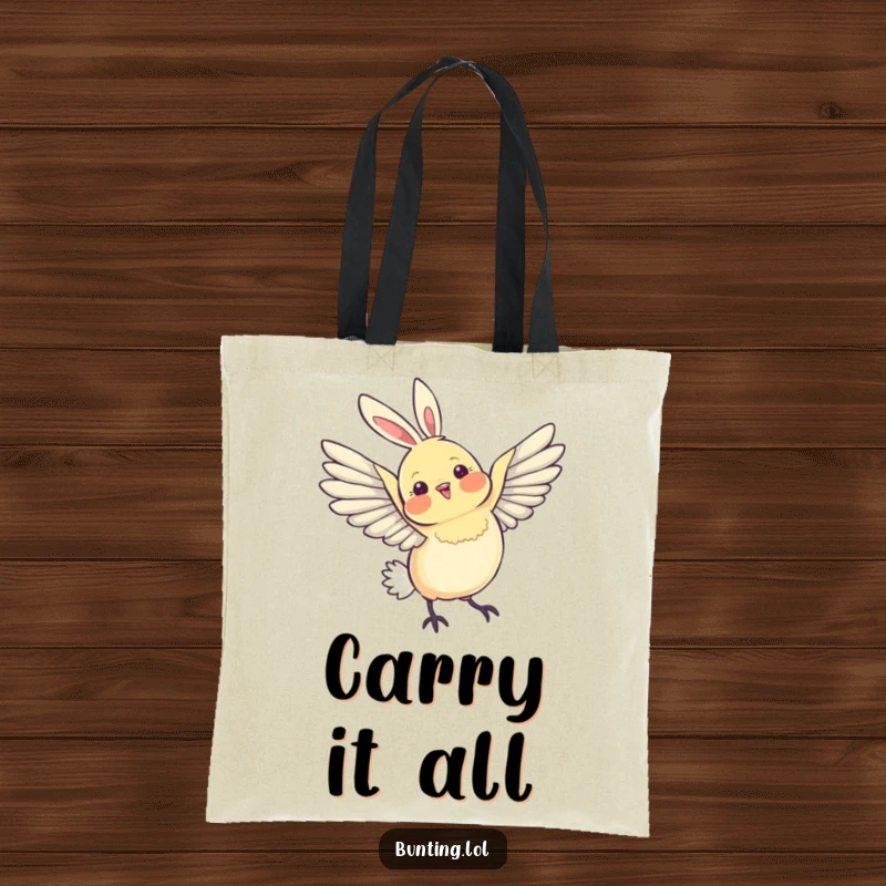 Funny Tote Bag showcasing a bunting bird's graceful wing stretch in an arc, a humorous and elegant carry-all.