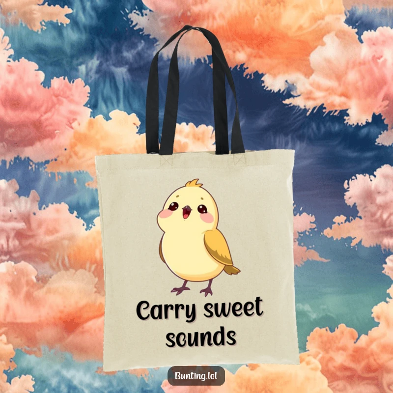 Funny bunting bird tote bag showing a bunting tilting its head, enjoying a song, perfect for carrying essentials with musical flair.