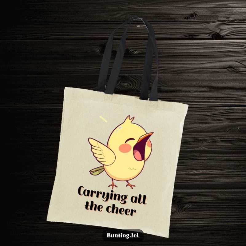 Funny bunting tote bag, illustrating a cheerful bird singing with its beak open, perfect for errands and good vibes.