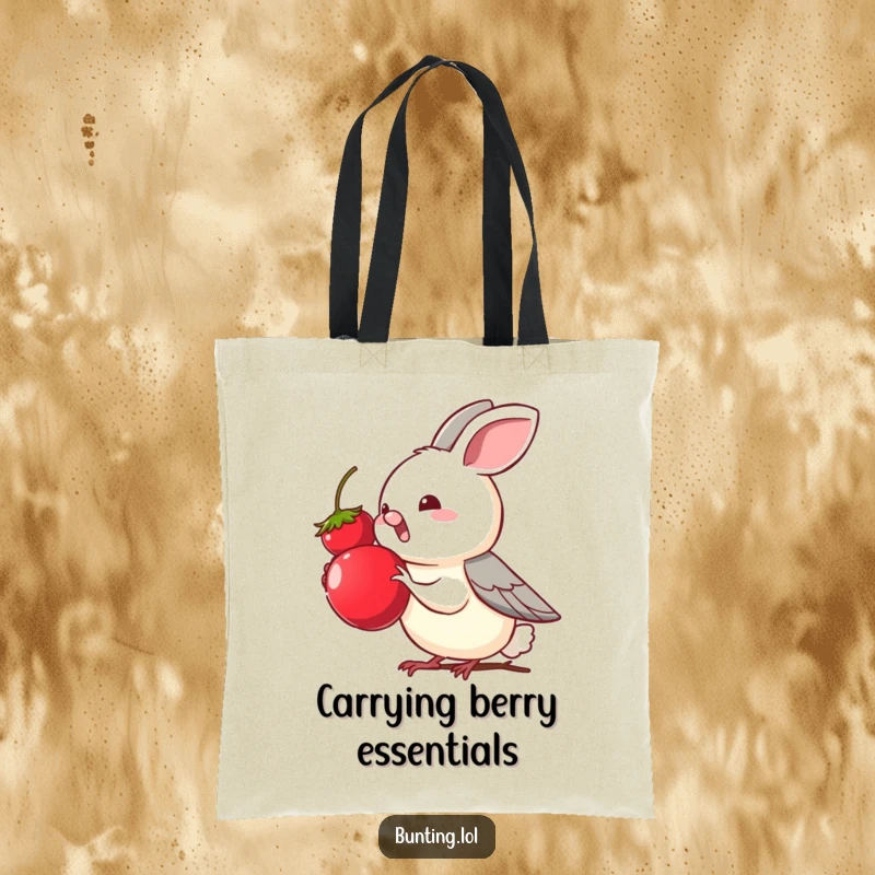 Funny bunting bird character eagerly reaching for a tempting berry, illustrated on a stylish tote bag, symbolizing a quest for snacks.