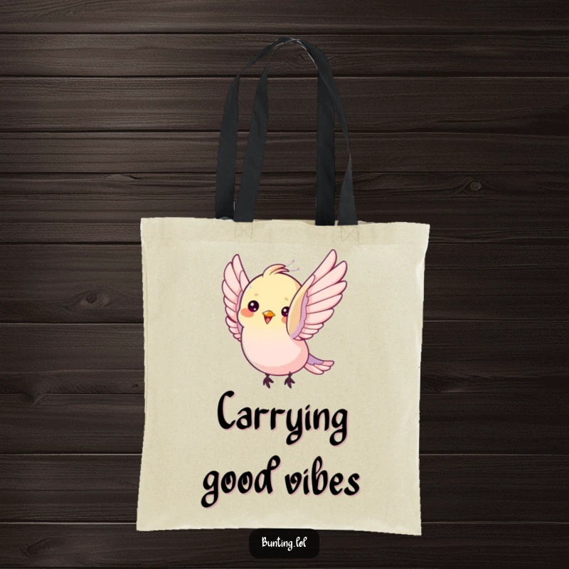 Funny Tote Bag: Bunting bird flutters its wings with pure delight, a humorous and joyful accessory.