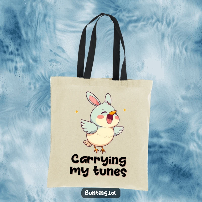 Funny bunting tote bag showing a cute bird character cheerfully singing with its beak open, symbolizing joy and melody.