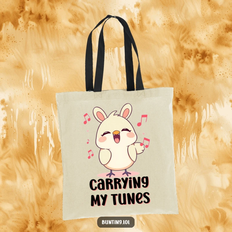 Funny Tote Bag featuring a cute bunting character in mid-song, its cheerful melody adding a delightful pop.