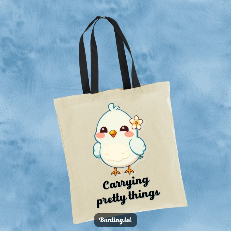 Funny Tote Bag showing a cheerful bird character with a flower behind its ear, ideal for carrying items with a touch of sweet humor.