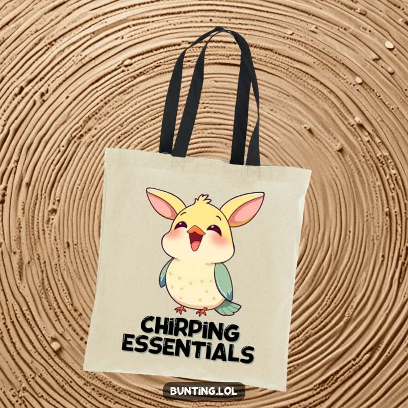 Funny Tote Bag displaying a cute bunting bird happily chirping with its beak open, ideal for carrying daily items.