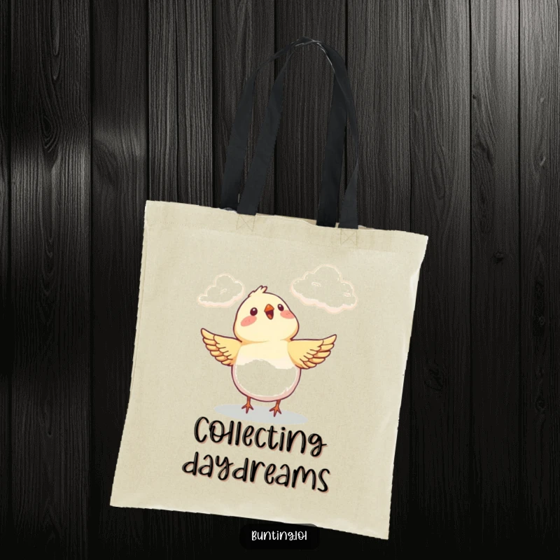 Funny Tote Bag capturing a bunting bird's delighted gaze at the clouds, a humorous and uplifting accessory.
