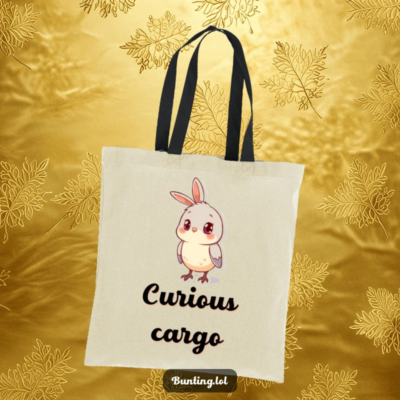 Funny Tote Bag displaying a cute bunting bird looking curious with its head cocked to the side, ideal for daily use.