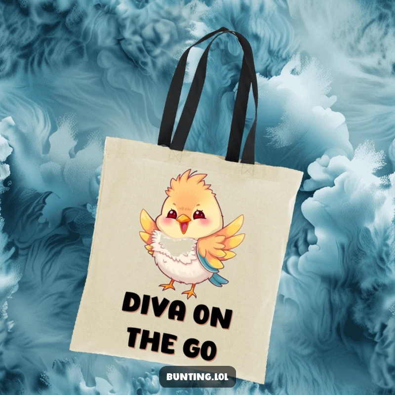 Funny bunting bird tote bag depicting a bunting character playfully fluffing its colorful feathers, perfect for carrying daily items with a humorous, stylish flair.