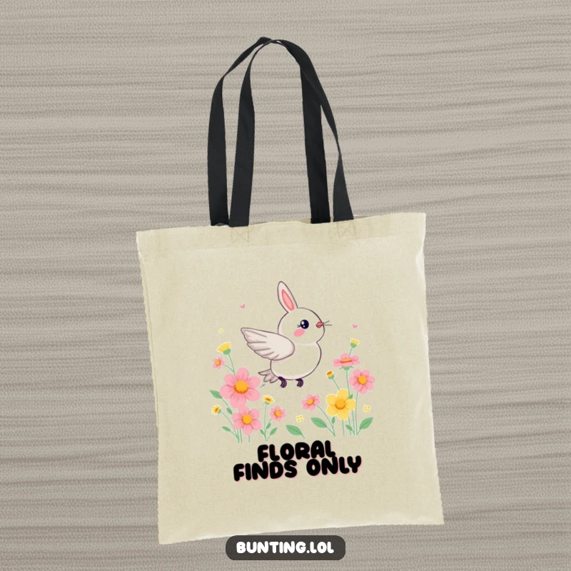 Funny Bunting Tote Bag with a bird zipping through colorful flowers, perfect for shopping.