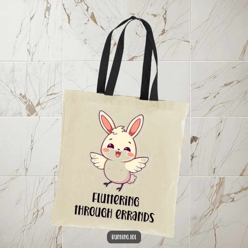 Funny bunting bird tote bag featuring a character doing a happy, energetic wing flutter, perfect for carrying joy.