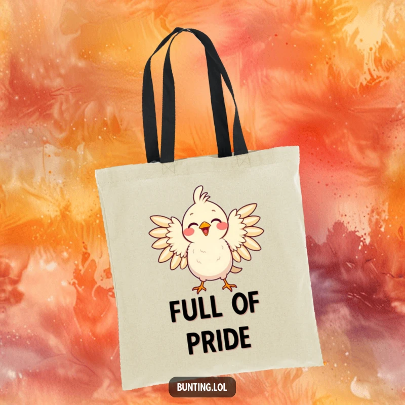 Funny tote bag depicting a delighted bird puffing its feathers with pride, perfect for carrying items with a humorous flourish.