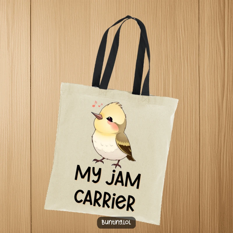Funny bunting bird tote bag with a bird tilting its head, listening intently, perfect for shopping and everyday use, a great funny gift.