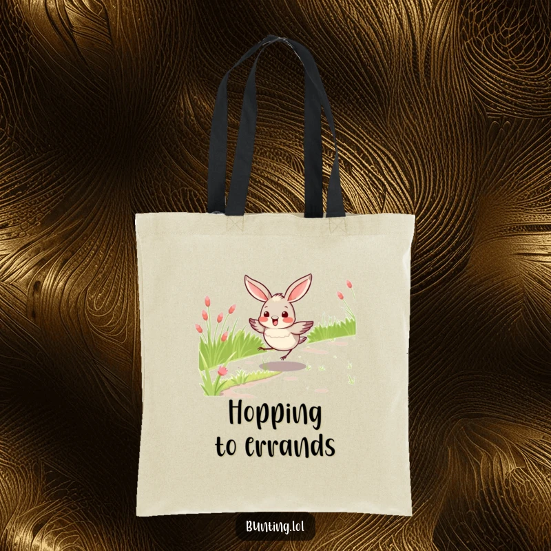 Funny bunting bird tote bag with a bird hopping along a grassy path, perfect for shopping and everyday use, a great funny gift.