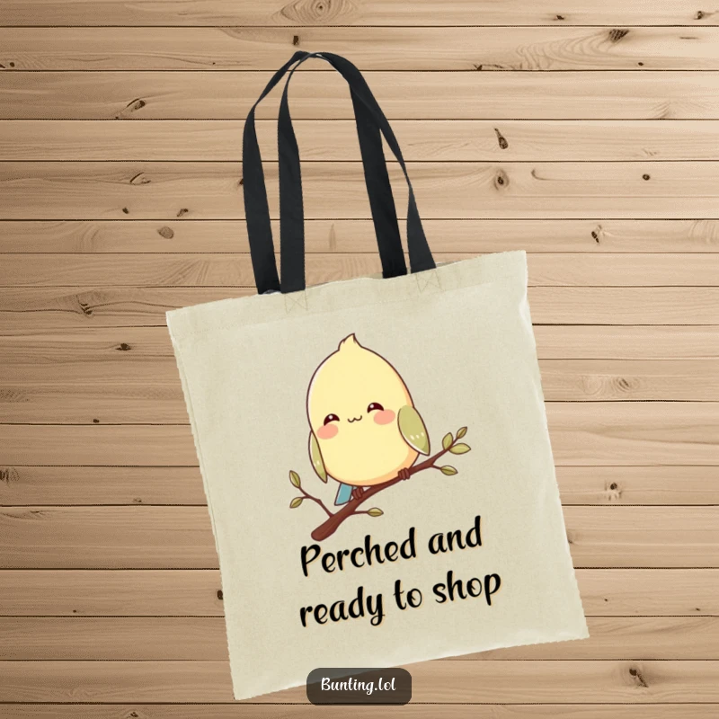 Funny bunting bird tote bag featuring a character perched contentedly on a branch with a smile, perfect for relaxation.