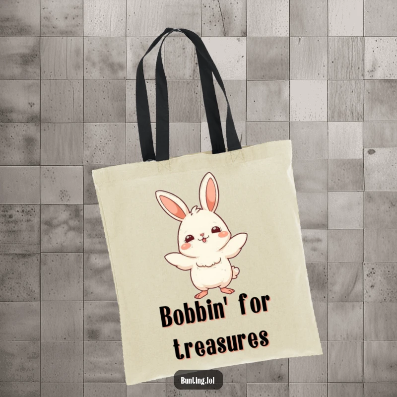 Funny Tote Bag displaying a cute bunting bird doing a playful bobbing motion, ideal for carrying daily items.