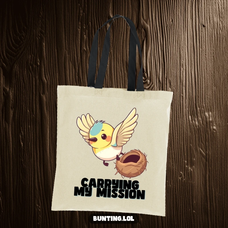 Funny bunting tote bag showing a bird with a determined expression flying towards its nest, symbolizing focused intent.