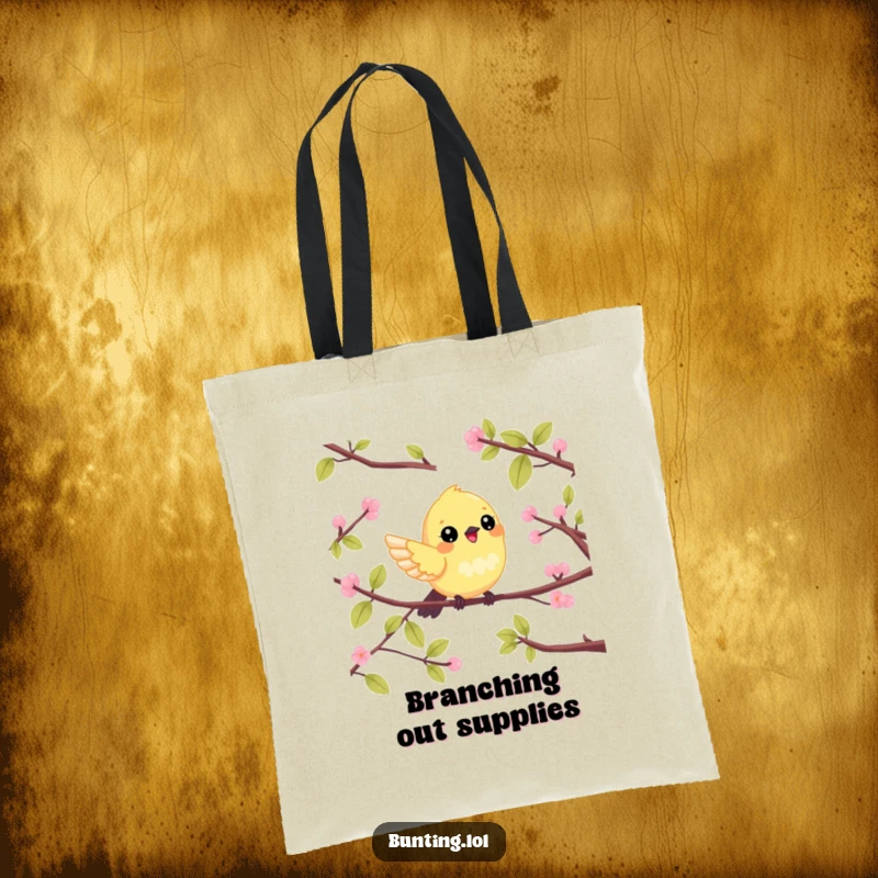 Funny Tote Bag displaying a cute bunting bird in cheerful flight between branches, ideal for shopping or birding trips.