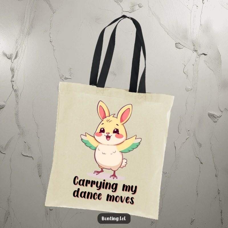 Funny Bunting Tote Bag showcasing a cute bird mid-dance, full of playful energy, great for a funny, practical gift.