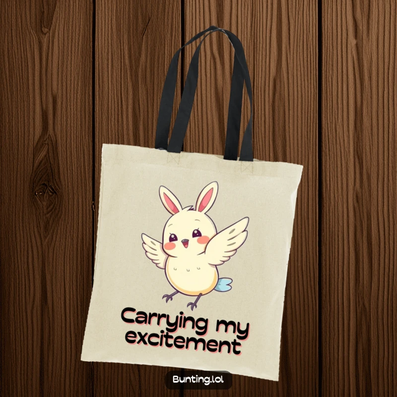 Funny Bunting Tote Bag showcasing a cute bird doing a joyful wing flutter, great for a funny, practical gift.
