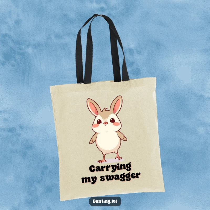 Funny Bunting Tote Bag showing a small bird doing a tiny, proud strut, perfect for carrying essentials with humor.
