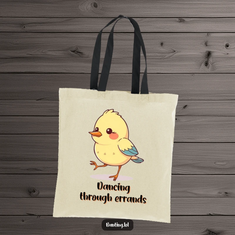 Funny Tote Bag illustrating a bunting bird character with feet comically tapping in rhythm, ideal for carrying items with a musical flair.
