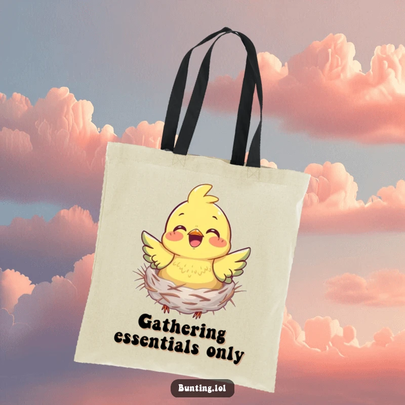 Funny bunting tote bag showing a bird gathered nesting material with joy, symbolizing creativity and the love of home.