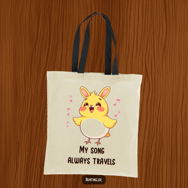 Funny bunting bird tote bag depicting a bunting character mid-song, its cheerful tune ready to brighten any outing, a humorous and practical accessory.