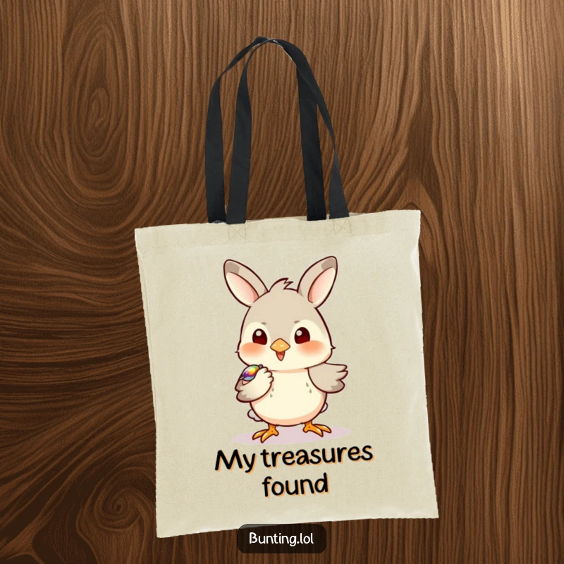 Funny Bunting Tote Bag showing a bird playfully pecking at a shiny object, perfect for carrying treasures with humor.