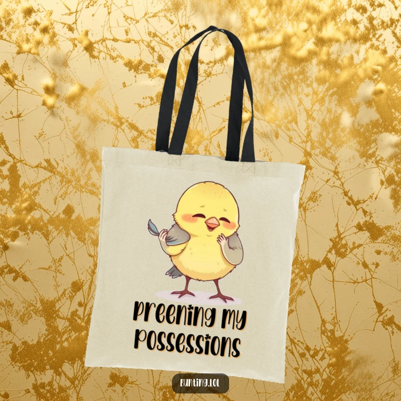 Funny bunting tote bag, illustrating a bird comically preening its smallest feather, perfect for carrying daily essentials.