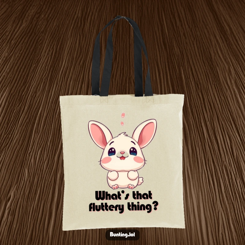 Funny bunting tote bag, illustrating a bird's comical surprise, ideal for carrying items with a laugh.